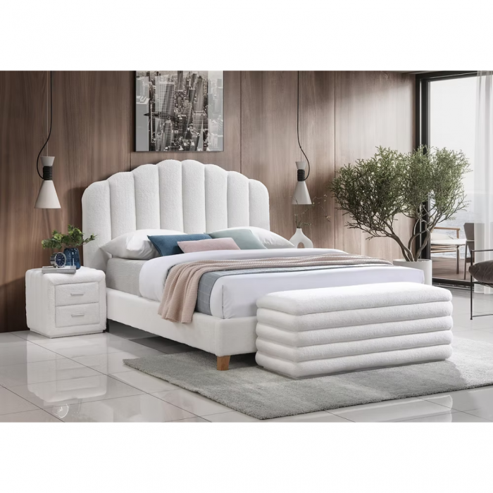 IF-5100 Soft White Upholstered Platform Bed Set with Storage Bench